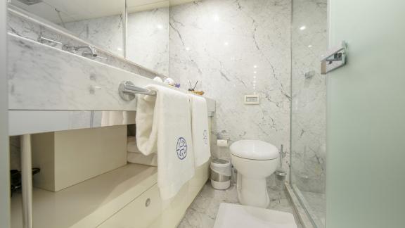 A simple but luxurious marble-clad bathroom with shower, washbasin and toilet.